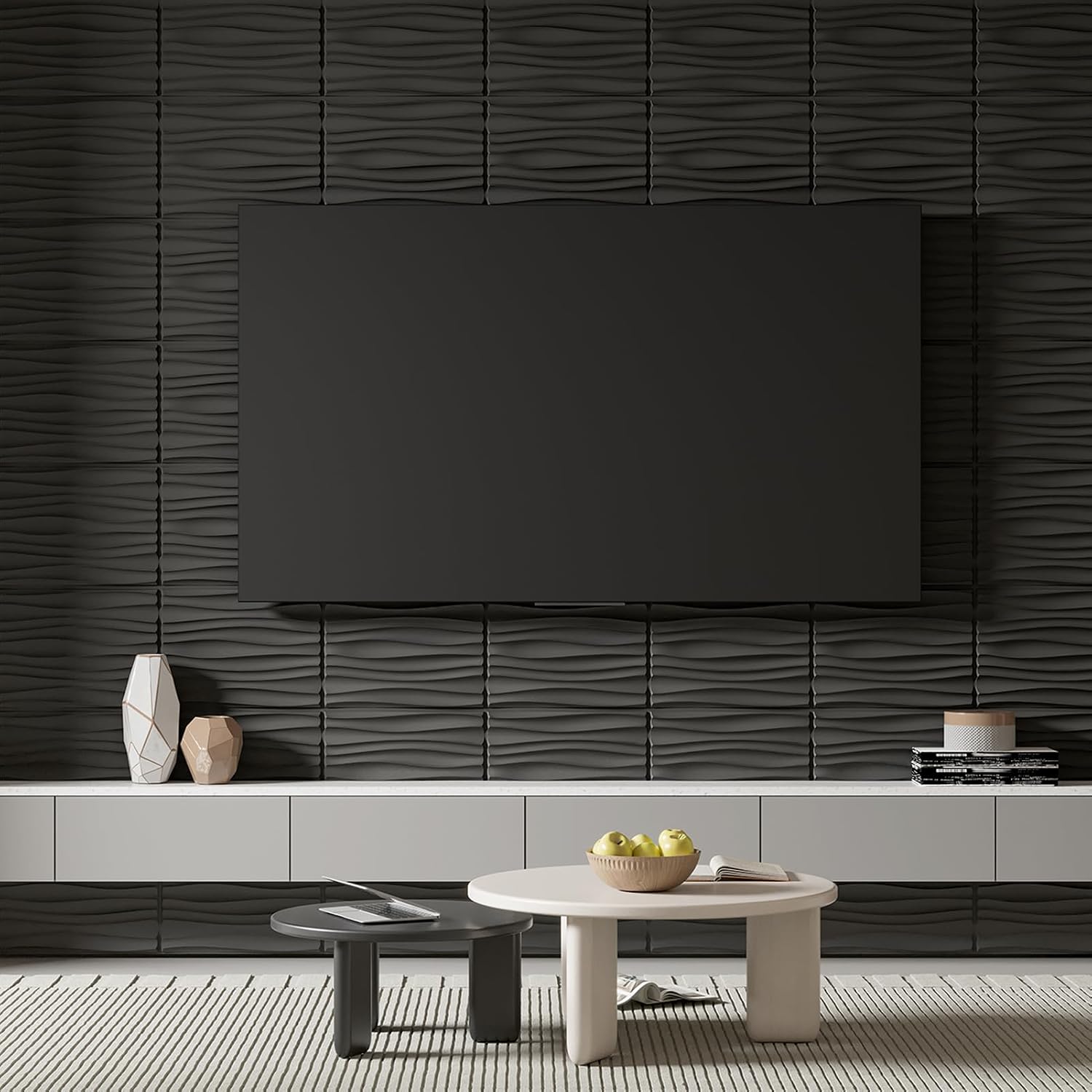 Art3d PVC Wavy Textured 3D Wall Panels, 15.7 x 11.8 Inch, 24-Pack, Black | PVC, Waterproof, Featherlight, Scratch