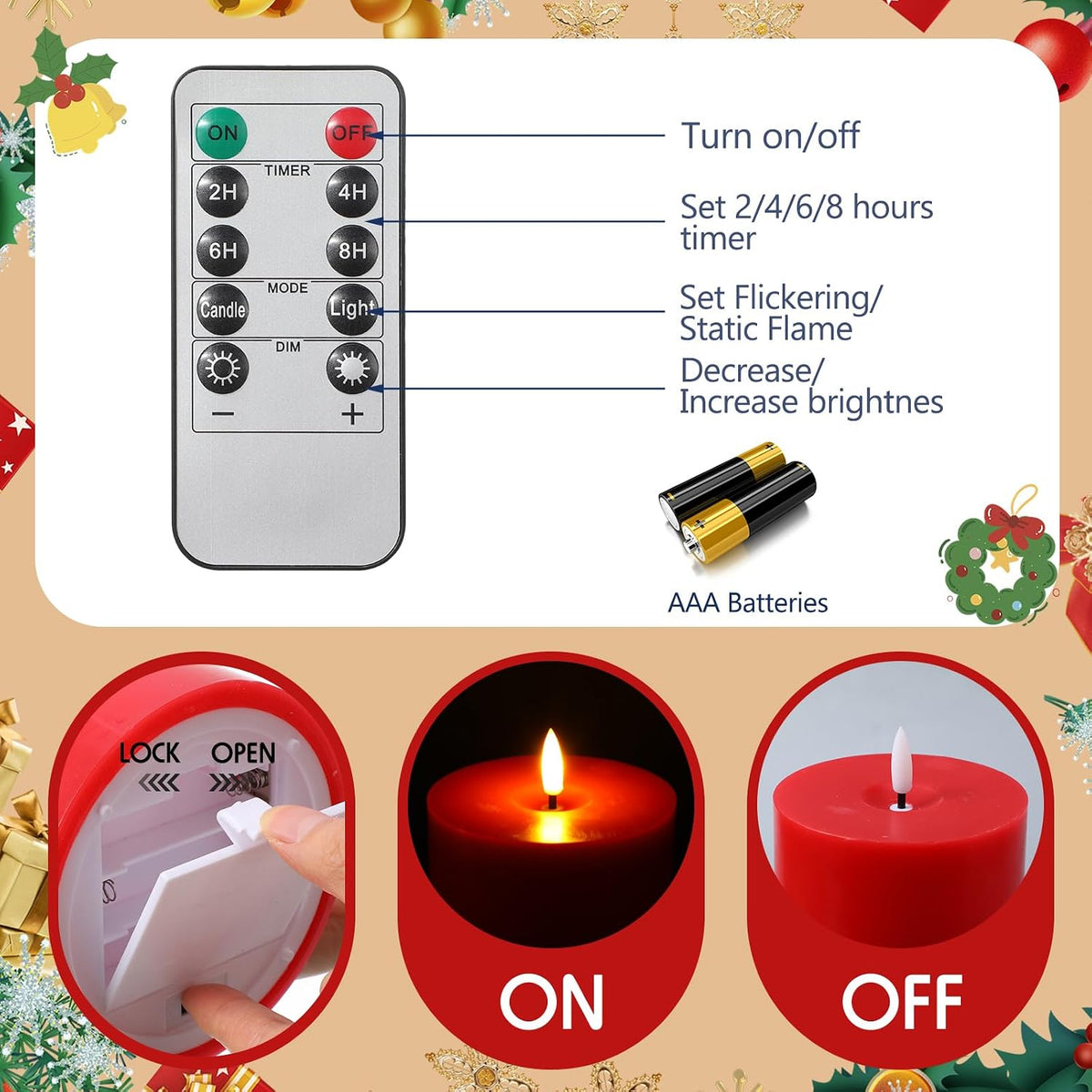 3 Pcs 6/8/12 Inches Thanksgiving Flameless LED Candles with Remote and 2/4/8h Timer Red Battery Operated Wax Flickering