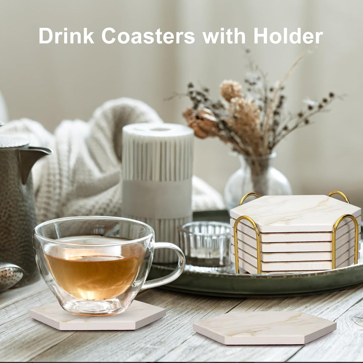 Holder Hexagon Ceramic Coasters Absorbent Coasters Drink Coasters Set for Coffee / Beige / Set of 6
