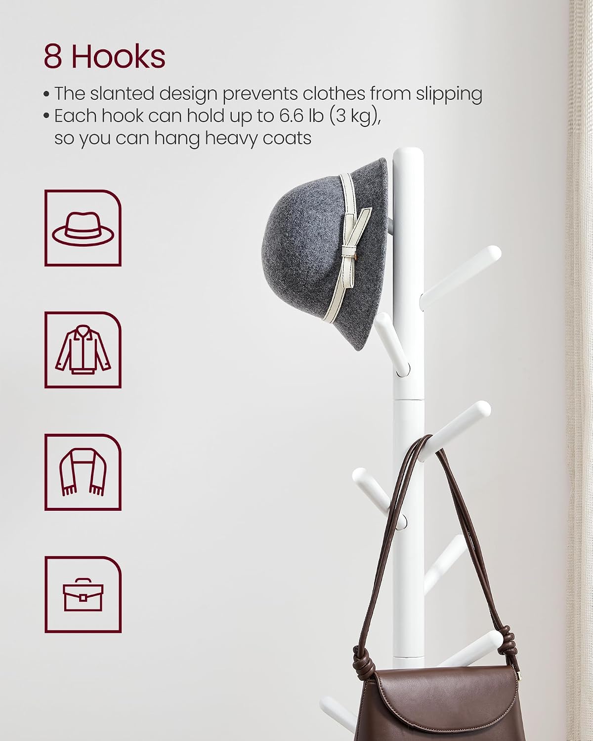 VASAGLE Solid Wood Coat Rack, Free Standing Tree-Shaped Coat Rack with 8 Hooks, 3 Height Options, for Clothes, Hats