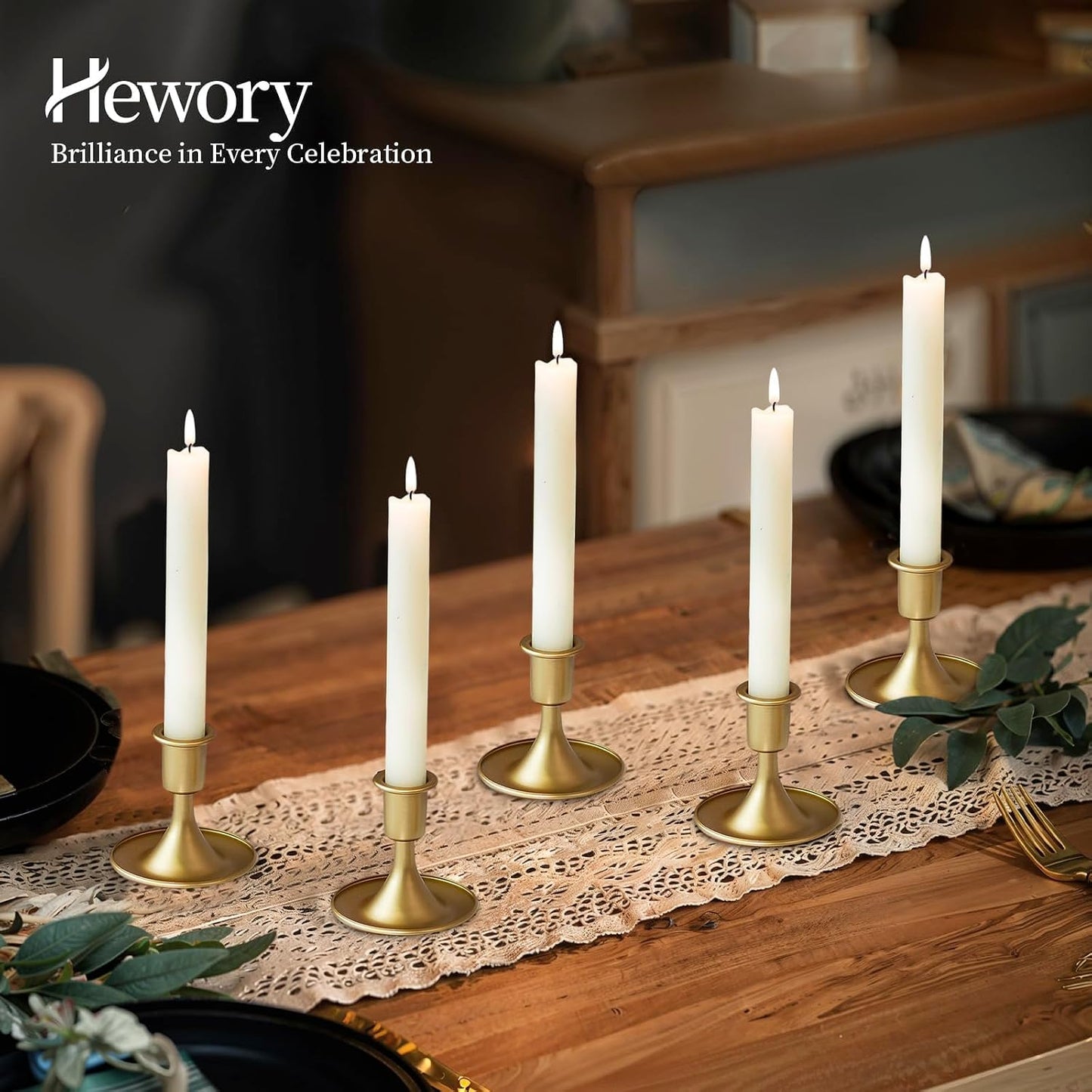 Gold Taper Candle Holder Set of 12, Hewory Short Skinny Brass Candlestick Holders, Vintage Small Low Metal Candles