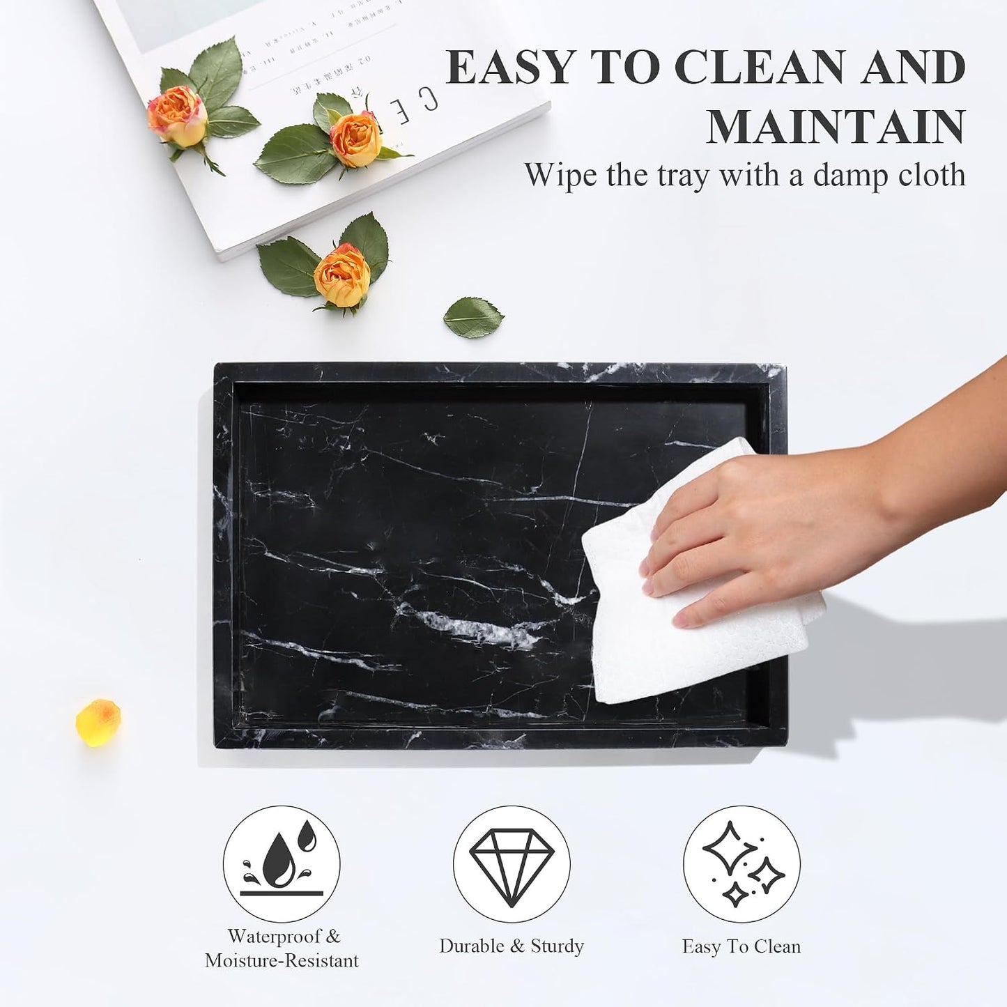 Storage Trays / Real Natural Marble Tray / 12 x 8 x 1.2 / Black