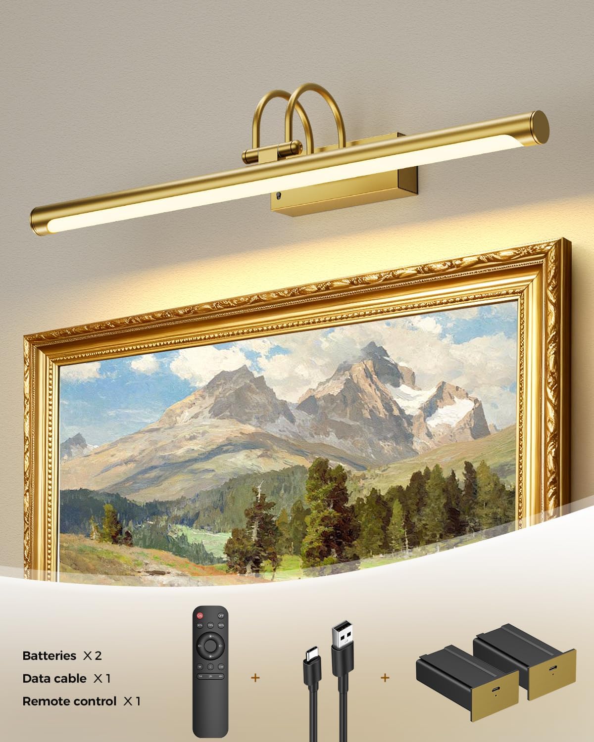23.6″ Wireless Rechargeable Picture Light with Remote, Large Battery Operated Wall Light for Paintings & Art, Dimmable