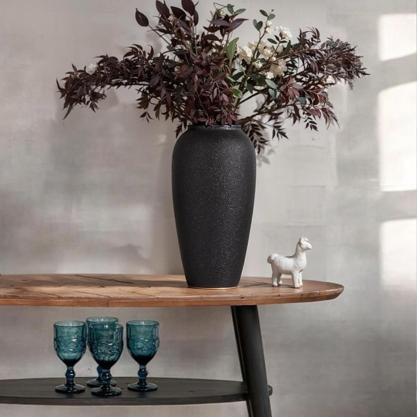 Tall Matte Ceramic Vase / Textured Black / 13.8in