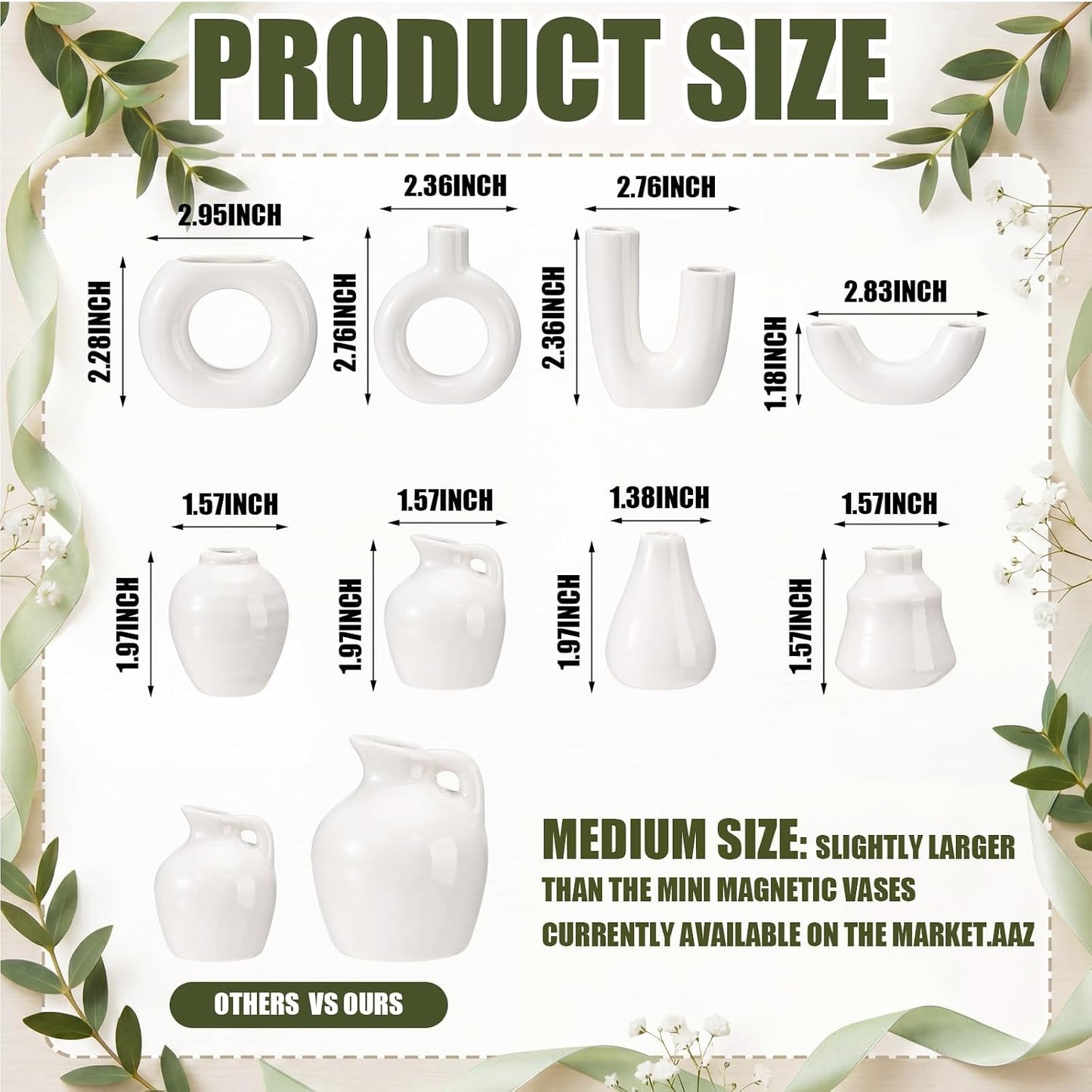 Small Ceramic Vase Fridge Magnets / White / 2.36 Inch / Set of 8