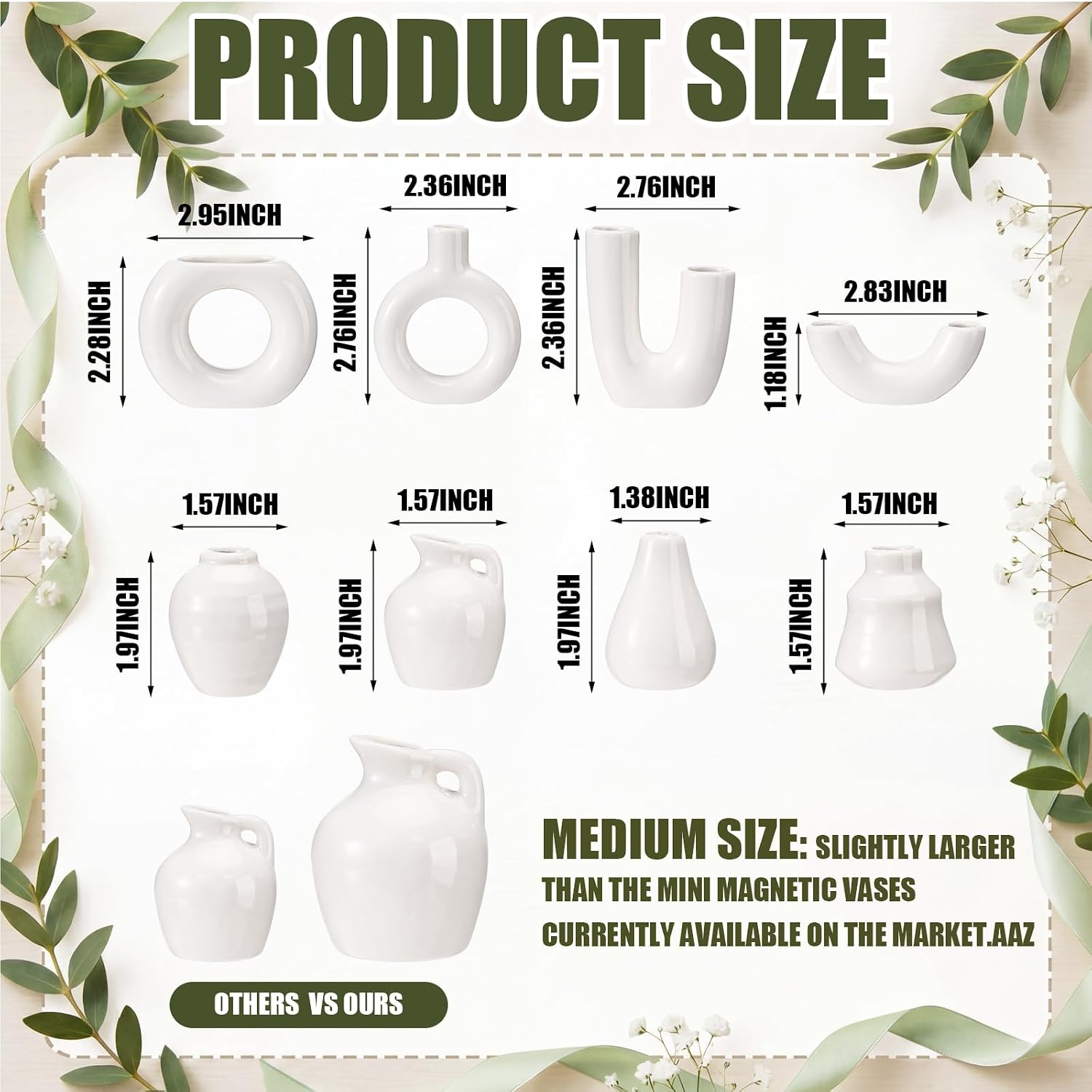 Small Ceramic Vase Fridge Magnets / White / 2.36 Inch / Set of 8