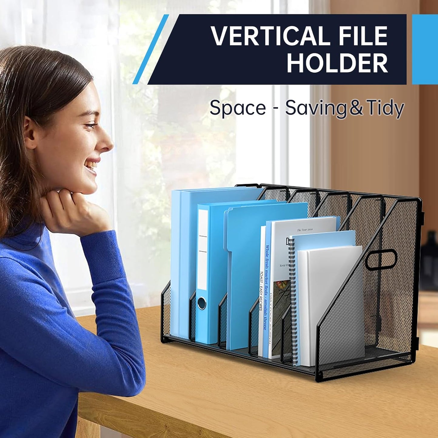 MINDEPOT Desk File Organizer Folder Holder with 5 Vertical for Office Black | Sturdy Metal Mesh, Magazine Folder