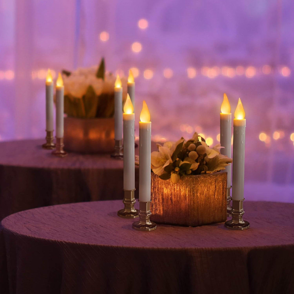 White 9.9" LED Taper Candles w/Gold Holders, 6-Pack | White flameless taper candles with gold holders, 5/19 auto timer