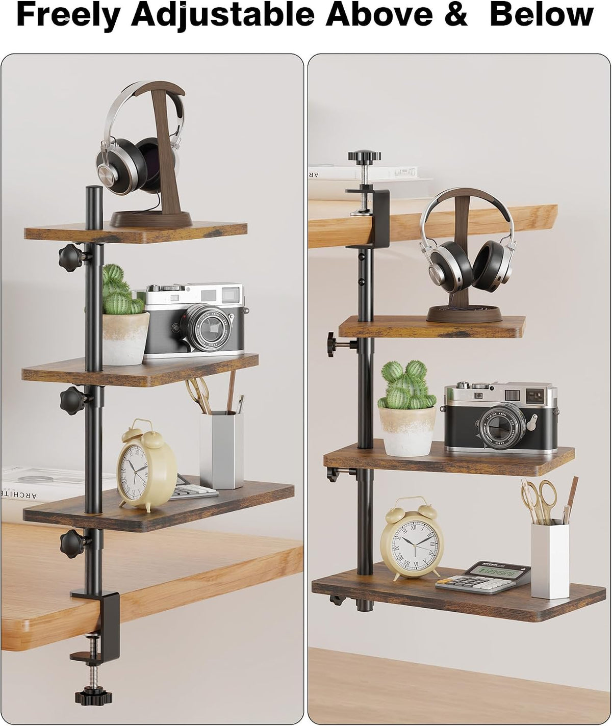 3 Tiers Clamp On Desk Shelf, 360° Angle Adjustable Desktop Shelf Organizer for Home Office Gaming Room, No Drill Desk
