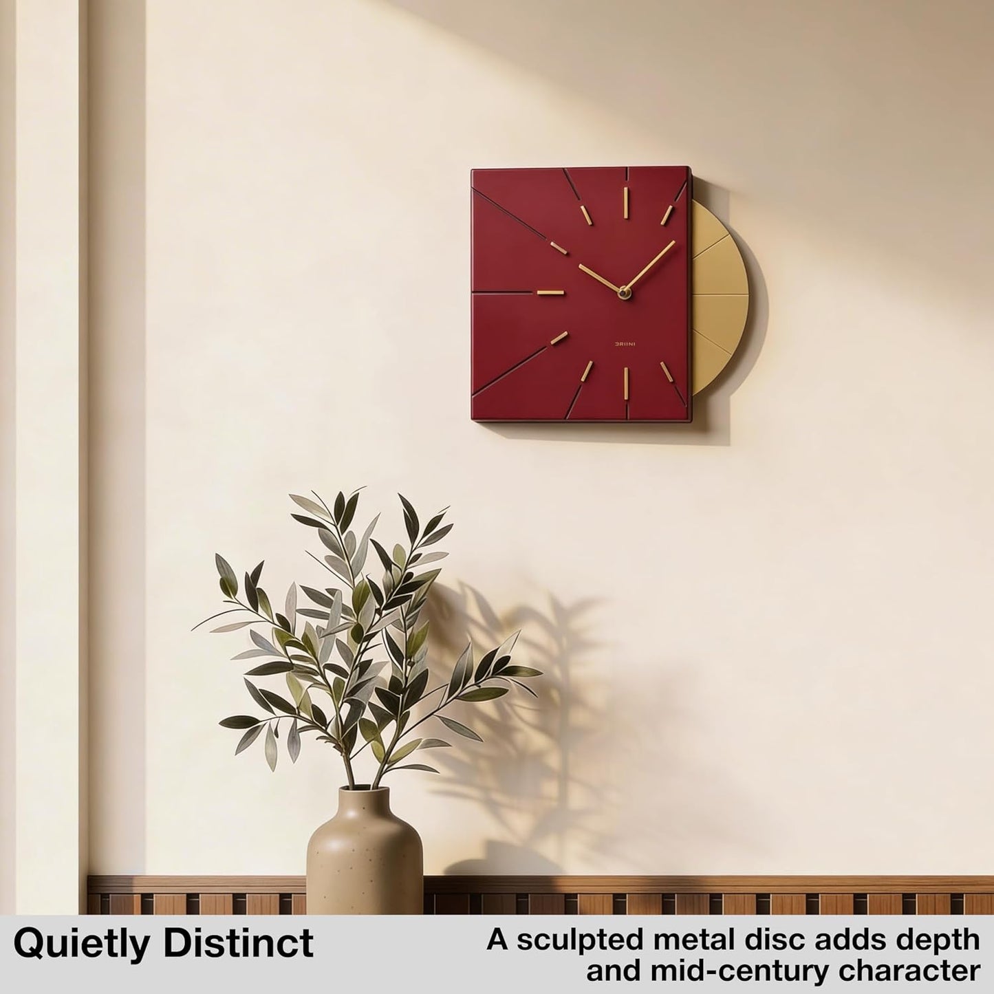 Driini Clocks Mid Century Modern Wall Clock - Square Red Clock with Decorative Gold Accent- Unique and Cool Clock