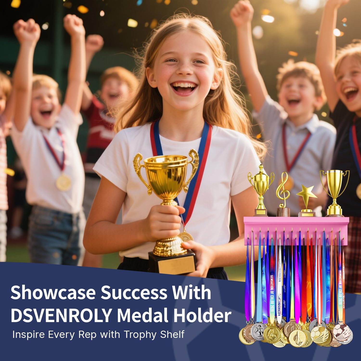 Medal Holder Display Trophy Shelf Organizer, Sturdy Wooden Race Award Hanger Rack with 25 Steel Hooks, Wall Mount