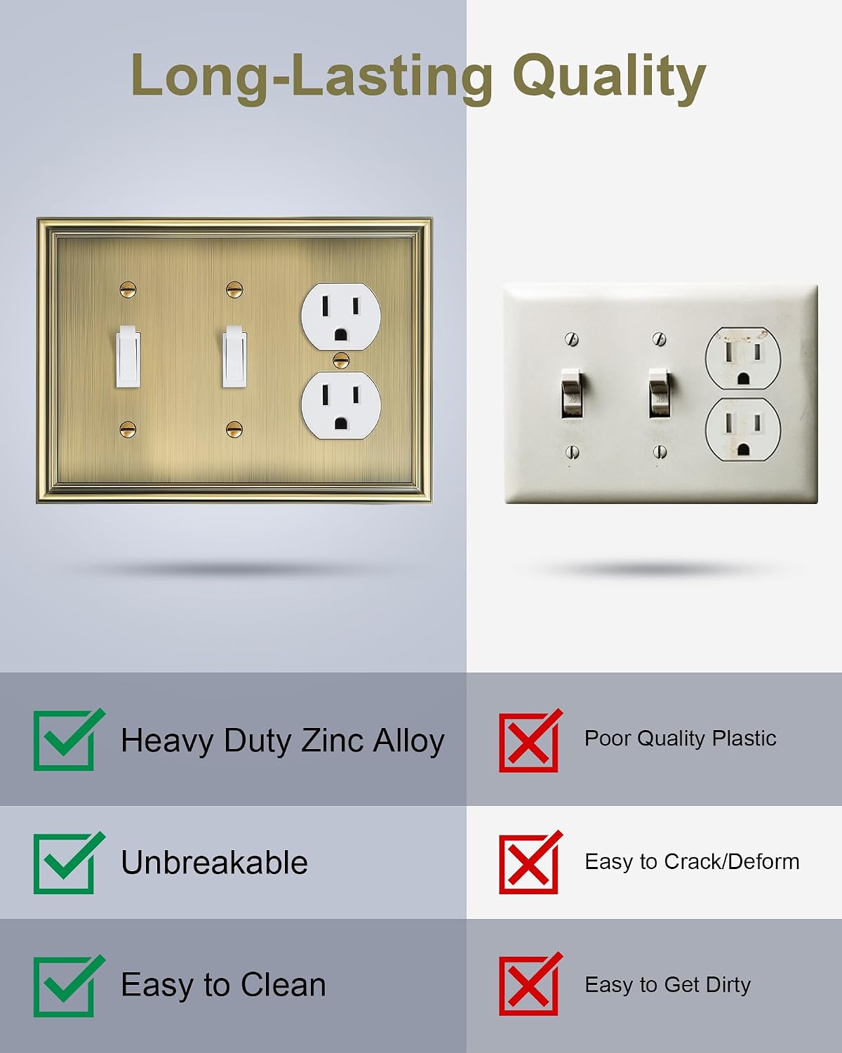 2-Pack Zinc Alloy Combo Double Toggle/Single Duplex Outlet Covers | Decorative Switch Plate Covers, Wall Plates for