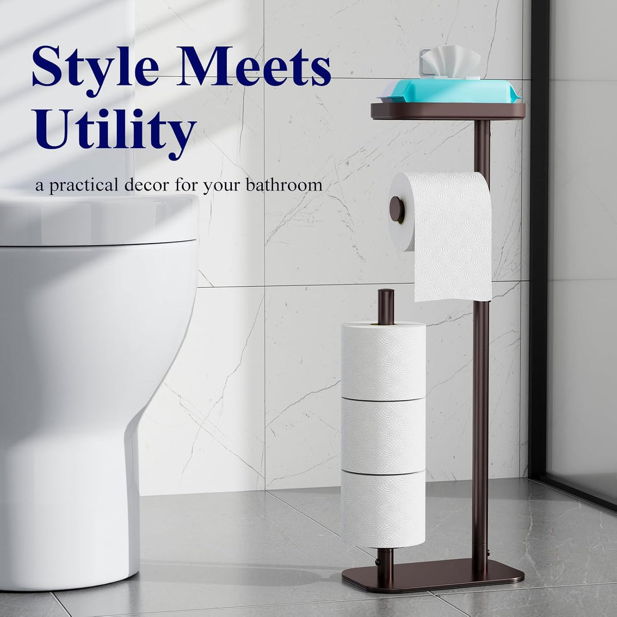 Kitsure Metal Toilet Paper Holder Free Standing, Medium, Brown | Rustproof Toilet Paper Stand for 4 Rolls, Bathroom