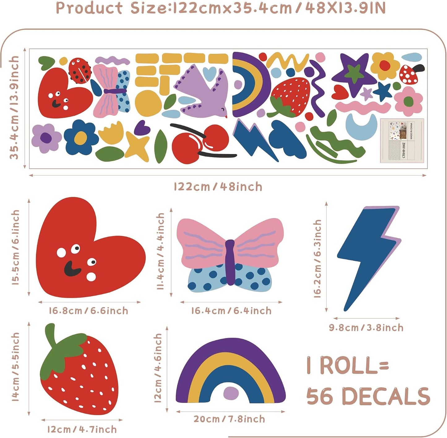 Colorful Rainbow Flowers Fabric Wall Stickers DIY Kids Fun Doodle Decals Removable / Set of 56