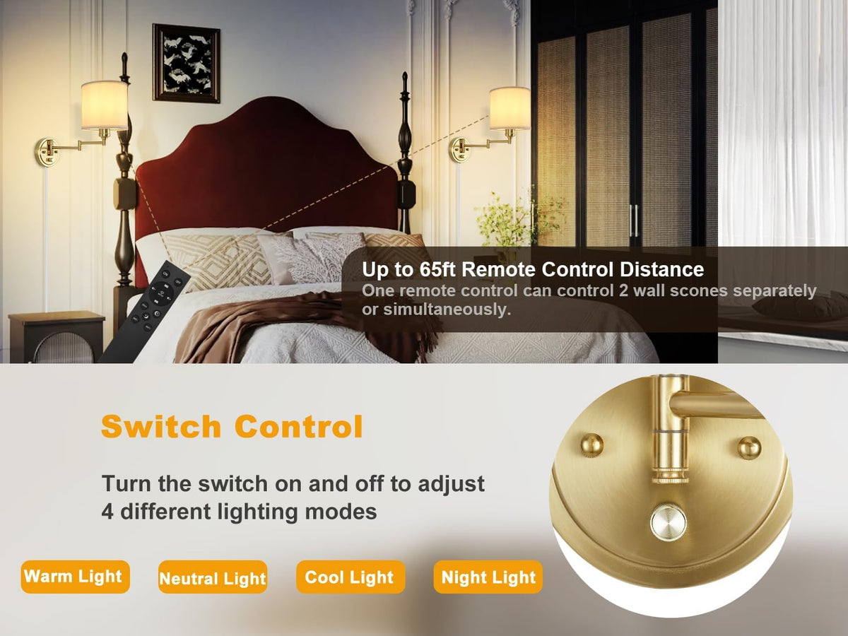 Plug in Wall Sconces with Remote Control, Dimming 10%-100% & Adjustable Colors 2700K-6500K, Hardwire or Plug-in, Swing
