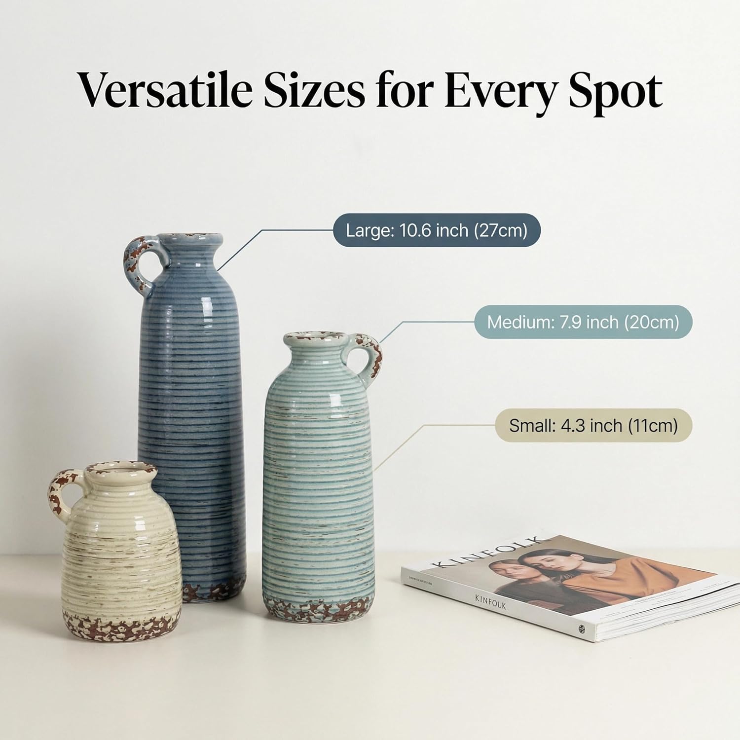 Ceramic Vase / Blue Neutral Rustic Modern Farmhouse Boho Decor / Handle-gray Blue Green / Set of 3