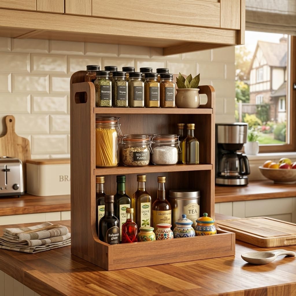 Solid Wood 3-Tier Spice Rack Countertop Organizer Kitchen Storage Shelf | Sturdy wood desktop shelf for spices, coffee