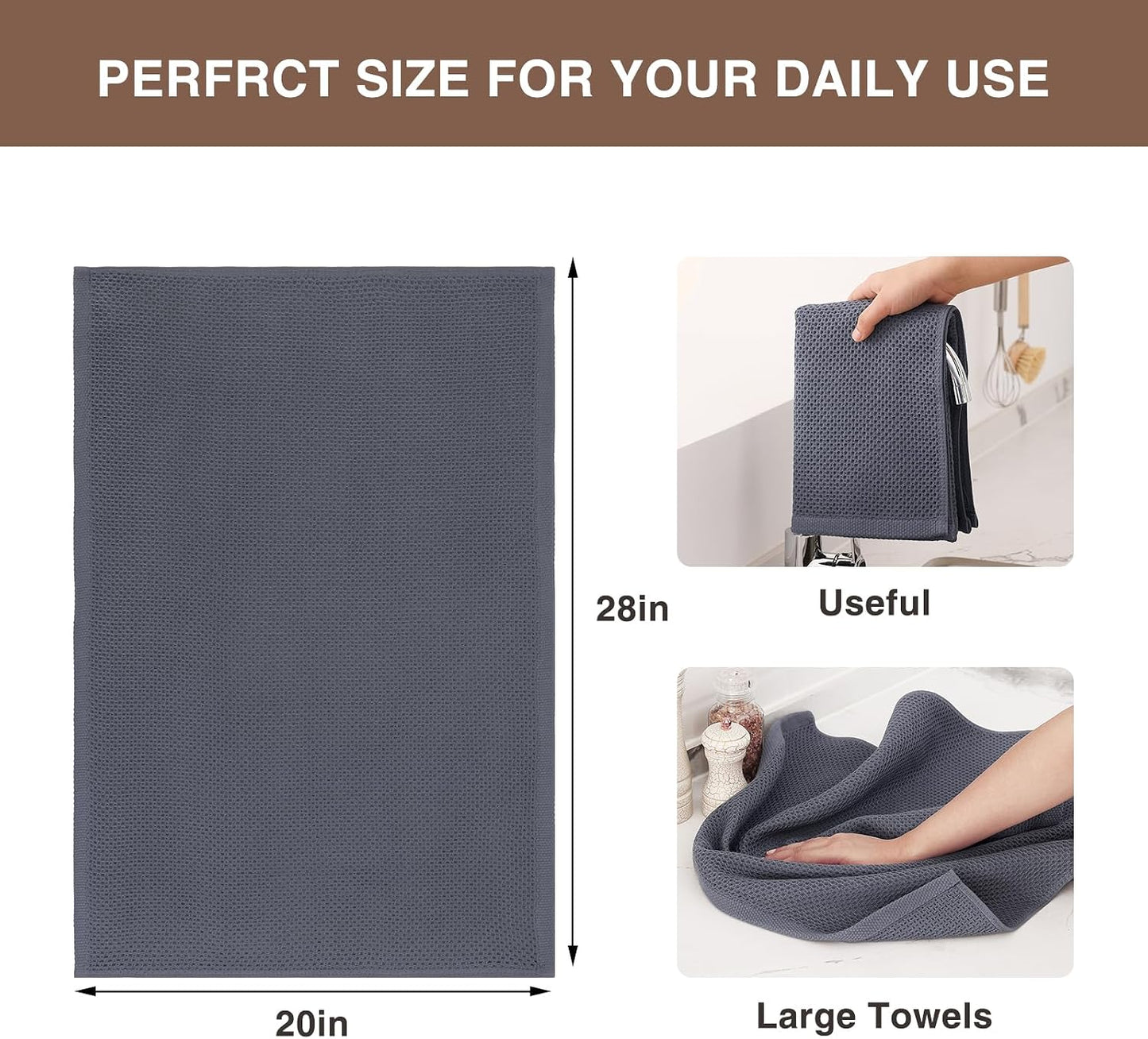 Homaxy 100% Cotton Oversized Waffle Weave Kitchen Towels 8-Pack, Dark Grey | 20 x 28 Inches, Ultra Soft Absorbent Dish