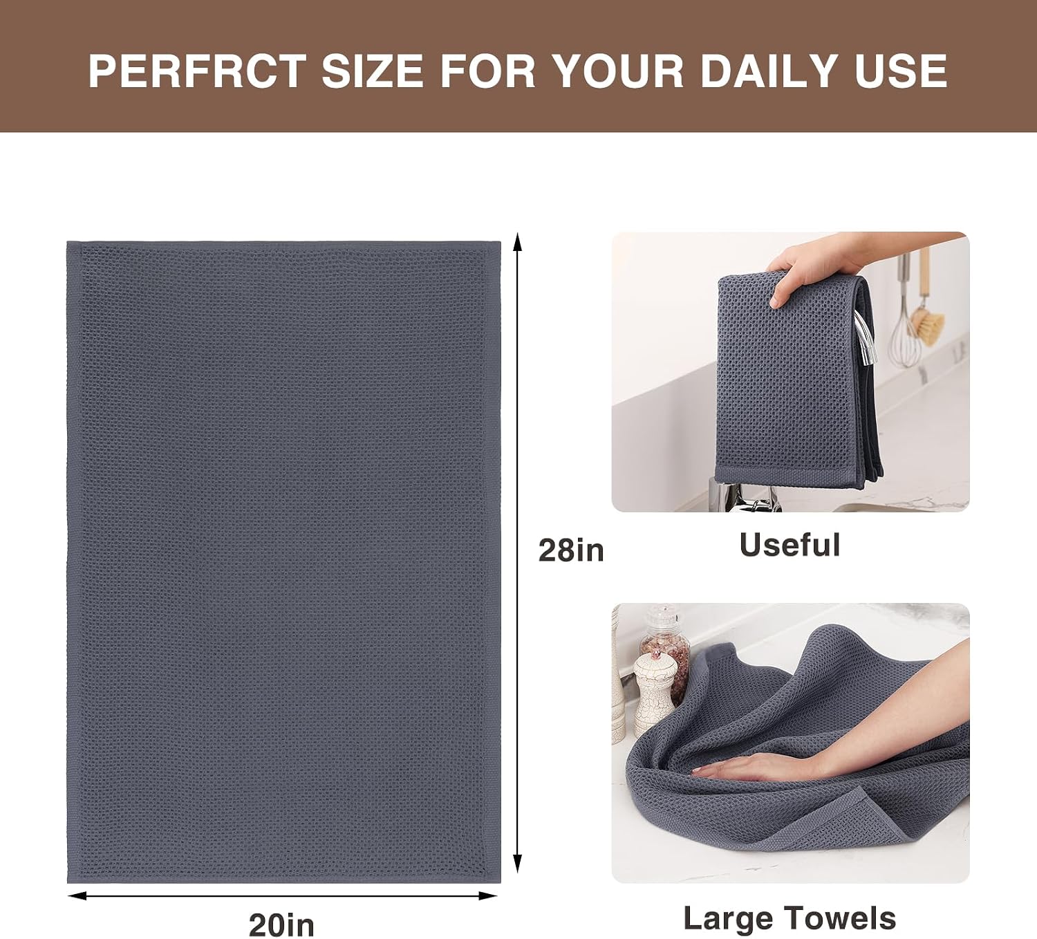 Homaxy 100% Cotton Oversized Waffle Weave Kitchen Towels 8-Pack, Dark Grey | 20 x 28 Inches, Ultra Soft Absorbent Dish