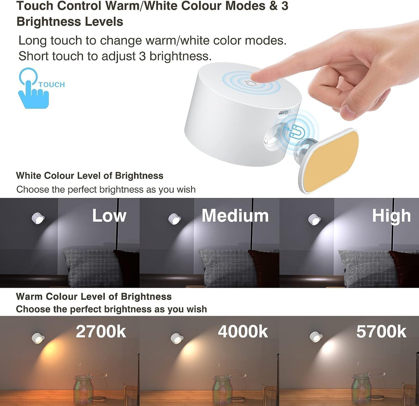 Deyagoo LED Wall Sconce, Rechargeable Wall Light with Remote-White | 3 Colors, Dimmable, Magnetic Rotating Head, 360