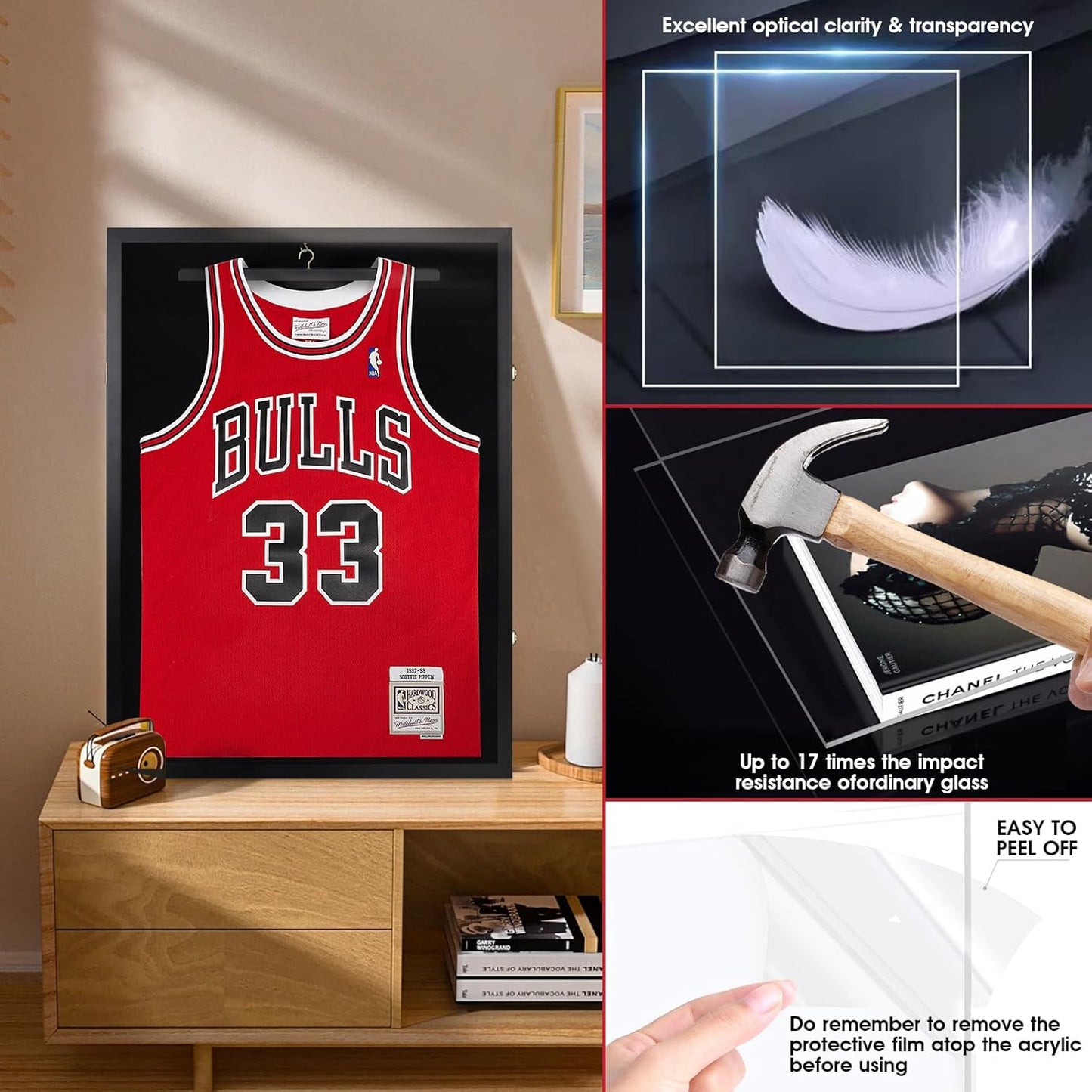 1DOT2 26x37 XL Large Jersey Frame Display Case with Pine Wood, Lockable | For Wall Display, Lockable Shadow Box Frame