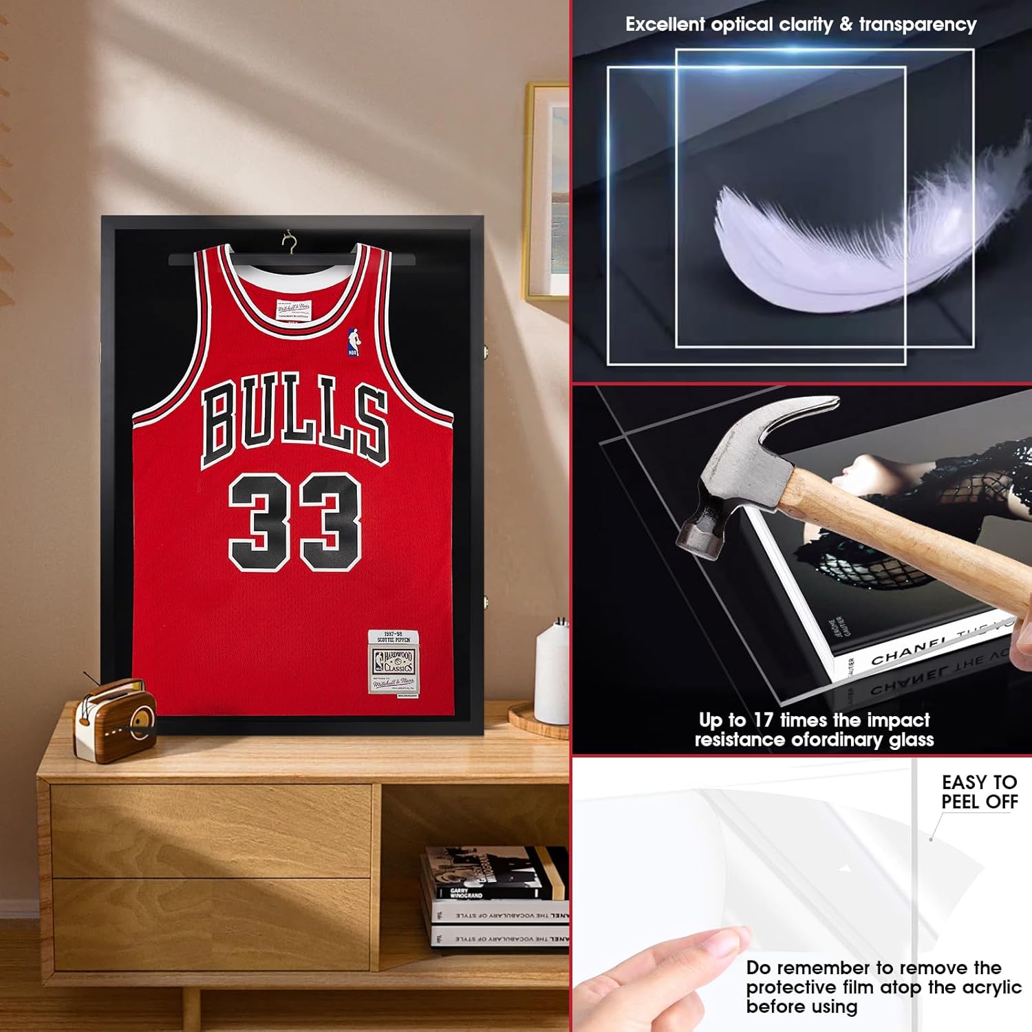 1DOT2 26x37 XL Large Jersey Frame Display Case with Pine Wood, Lockable | For Wall Display, Lockable Shadow Box Frame