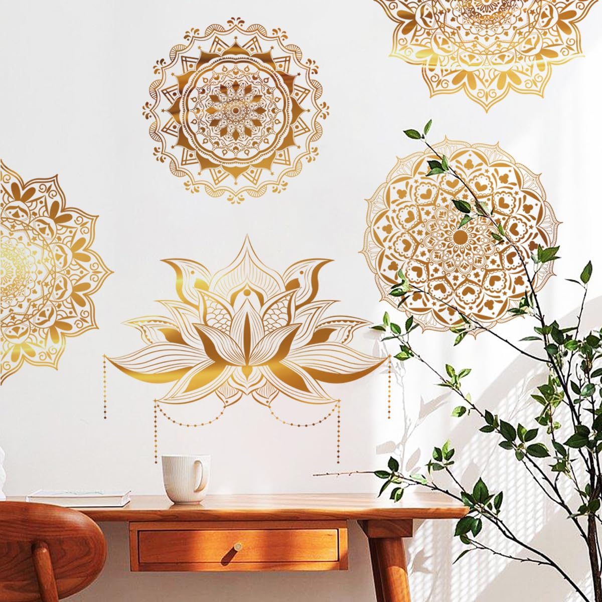 Mandala Wall Stickers Boho Large Lotus Floral Wall Decal Peel and Stick Bedroom Living Room / Gold