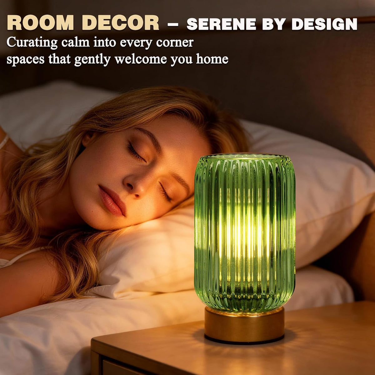 MJ PREMIER Battery Operated Lamp, Small Cordless Lamp with Timer, Green | Vertical Stripes Glass Lampshade, Small Table