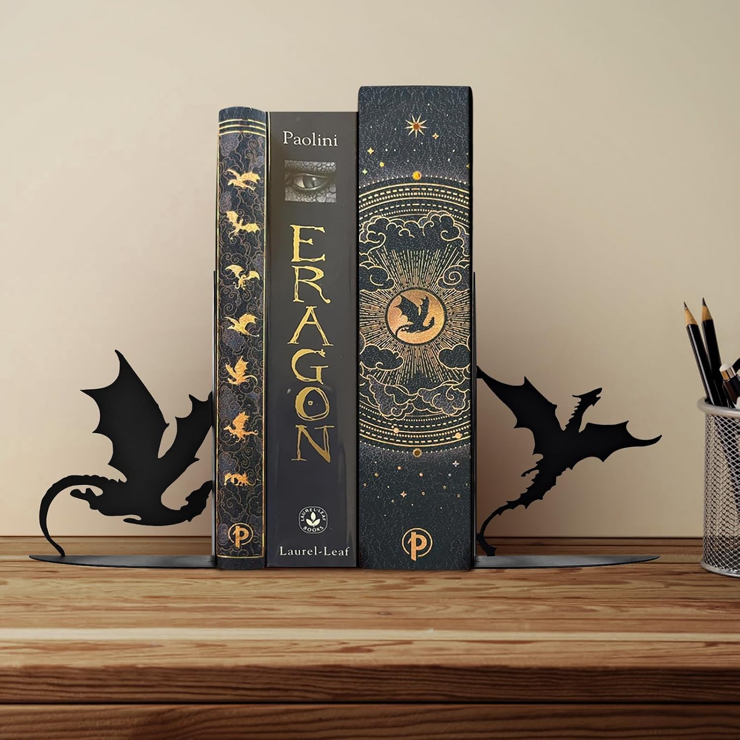 Metal Dragon Bookends Stoppers Holder Stand for Desk Shelf Cool Dragon Book Ends Decorative / Black