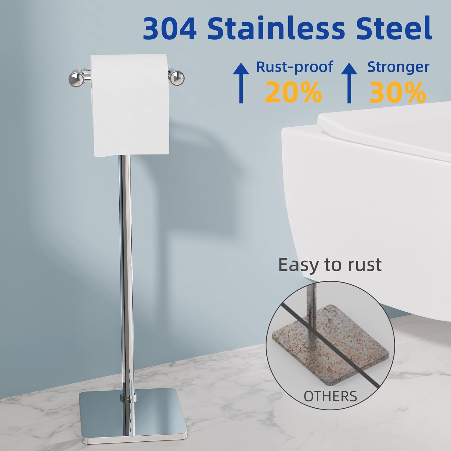 RUACQ Bathroom Toilet Paper Holder Stand, Chrome | Dual-Post Pivoting Free Standing Toilet Roll Holder with Weighted