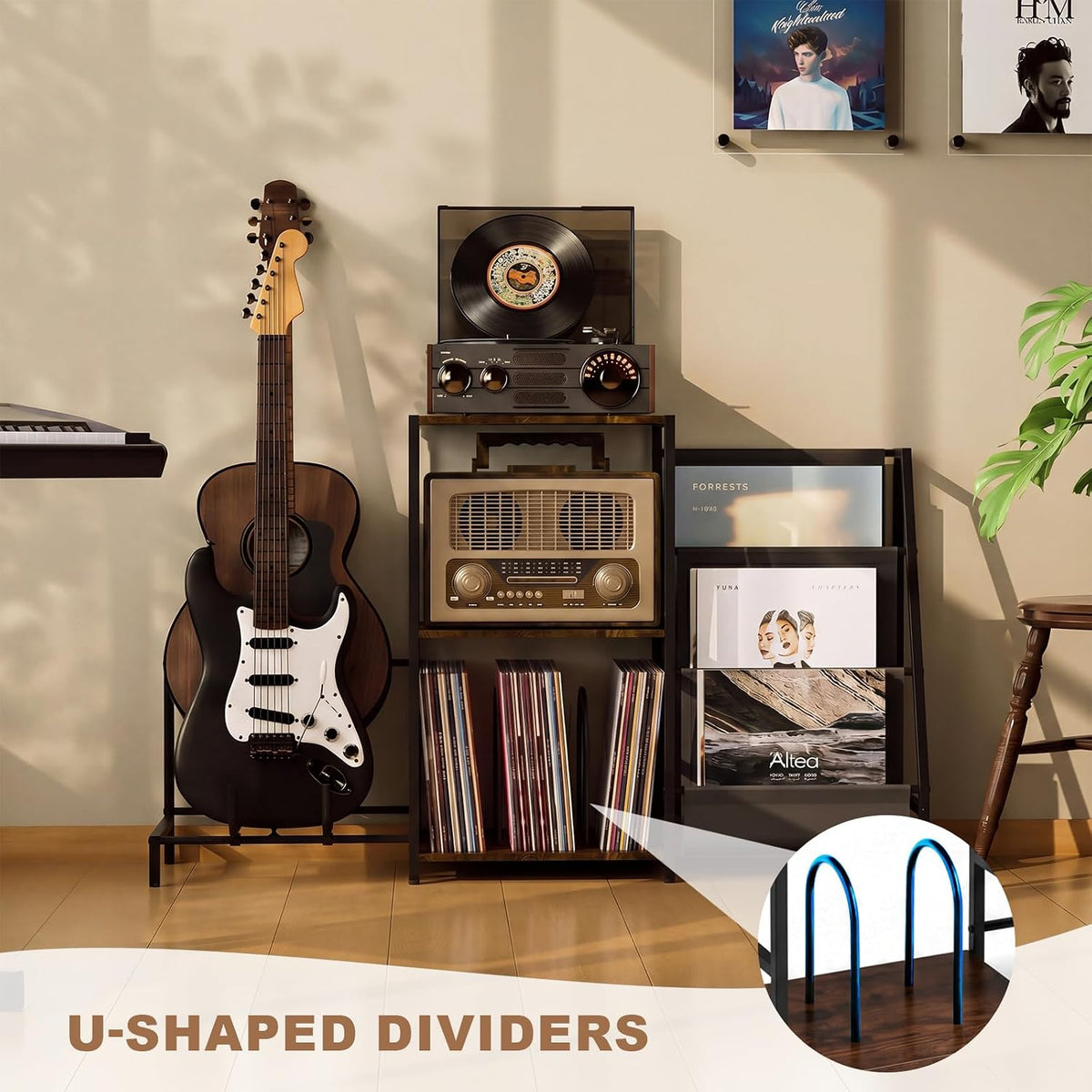 Record Player Stand with Guitar Rack for Acoustic, Electric & Bass Guitars | 3 Tier Vinyl Record Storage Up to 200