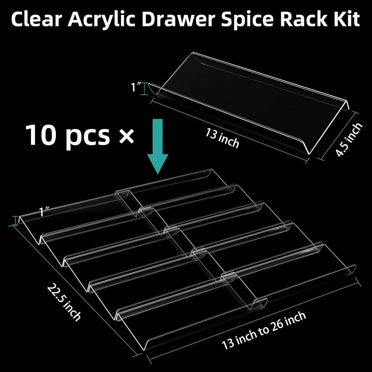 MIUKAA Acrylic Spice Drawer Organizer, 5 Tier - 10 Pack Seasoning Organizer for Drawer, Expandable From 13" to 26"