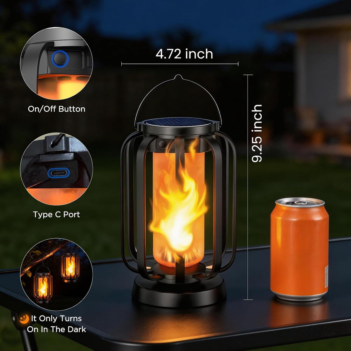 Hompavo Gen2 Solar Lanterns Outdoor Lights with Ultra-Real Flame | USB/Solar Charging & 4-Mode, Waterproof Decorative