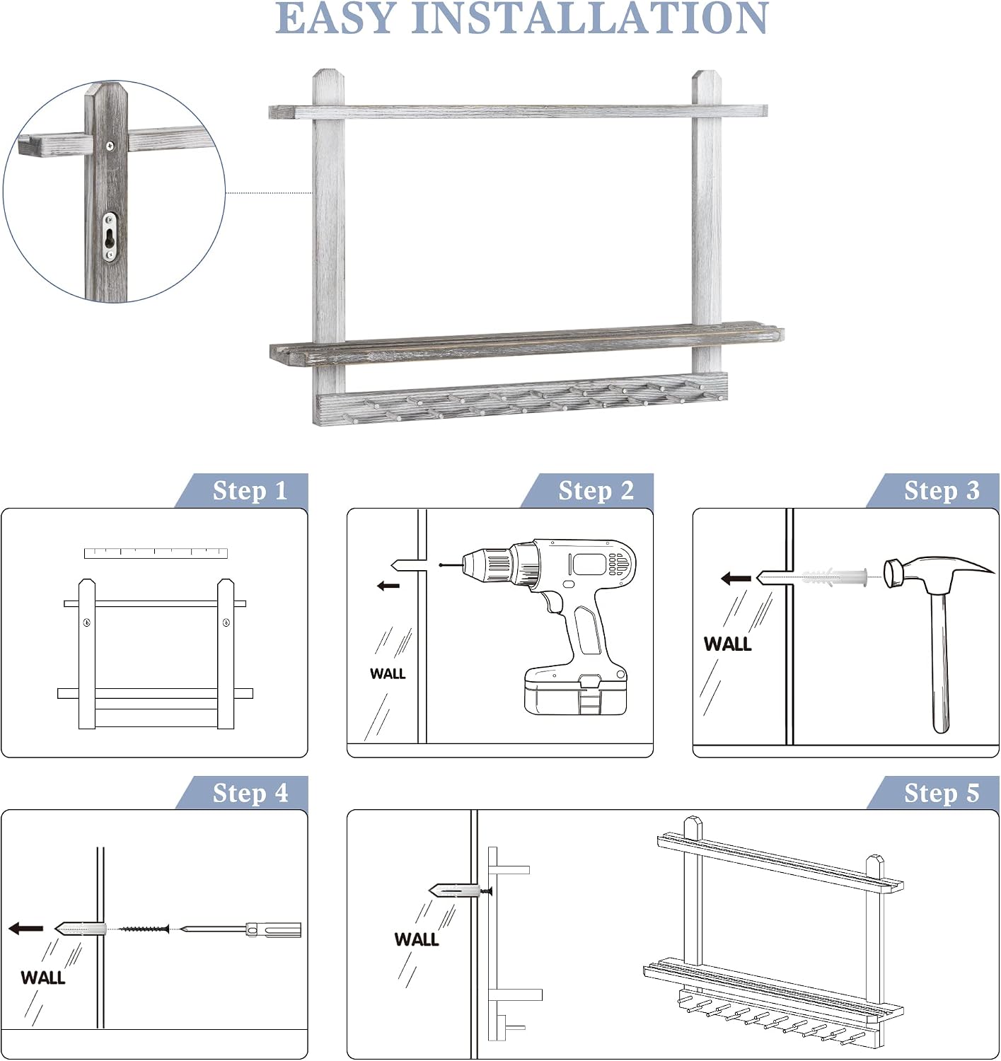 LAVIEVERT Wooden Medal Hanger & Trophy Shelf, Wall-Mounted Race Display with 2 Tier Storage Shelf and 19 Hanging Bars