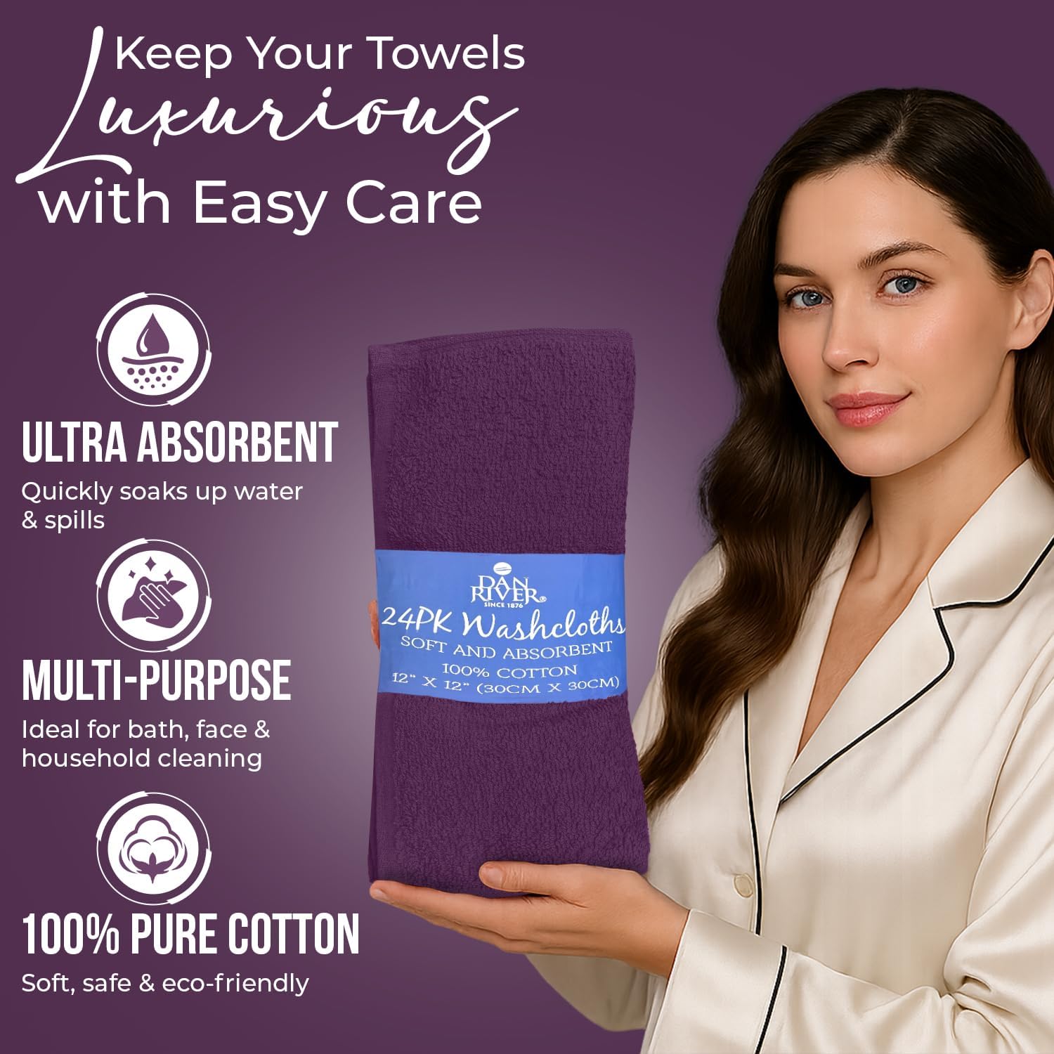 DAN RIVER 24 Pack Cotton Wash Cloths Set for Showering [12x12] Purple | Lighter Weight, Quick to Dry, Super Soft &