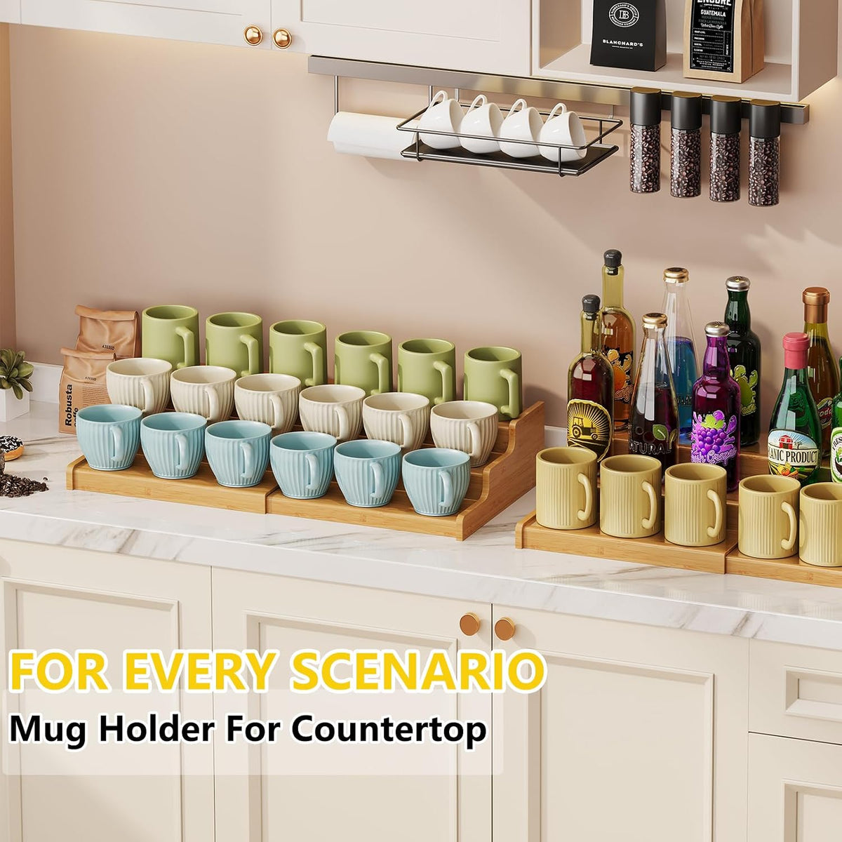 Hongtamoya 3-Tier Expandable Bamboo Mug Holder For Countertop Coffee Cup Holder Display Mug Organizer Mug Rack for