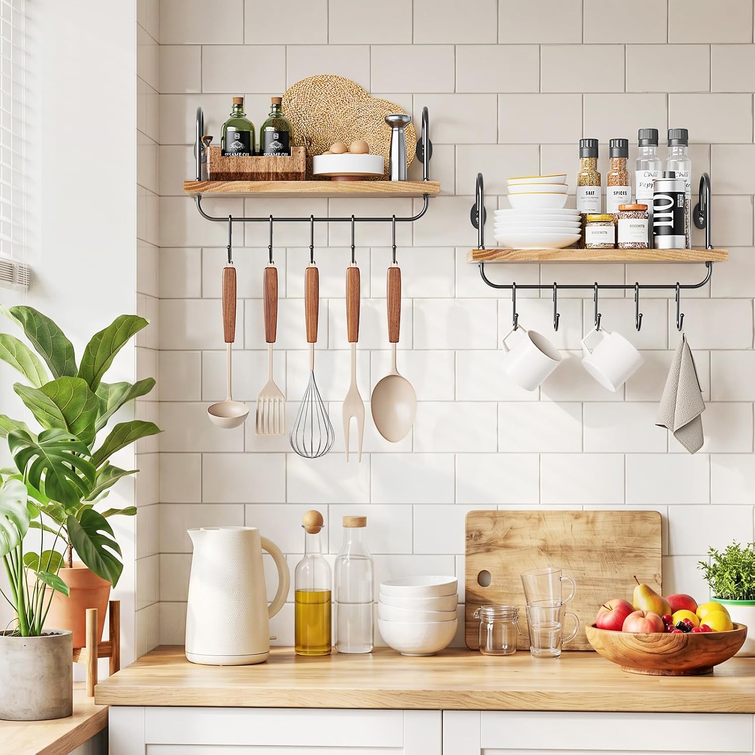 Olakee Floating Wall Shelves for Kitchen Bathroom Coffee Nook with 10 Adjustable Hooks for Coffee Mugs, Coffee Bar