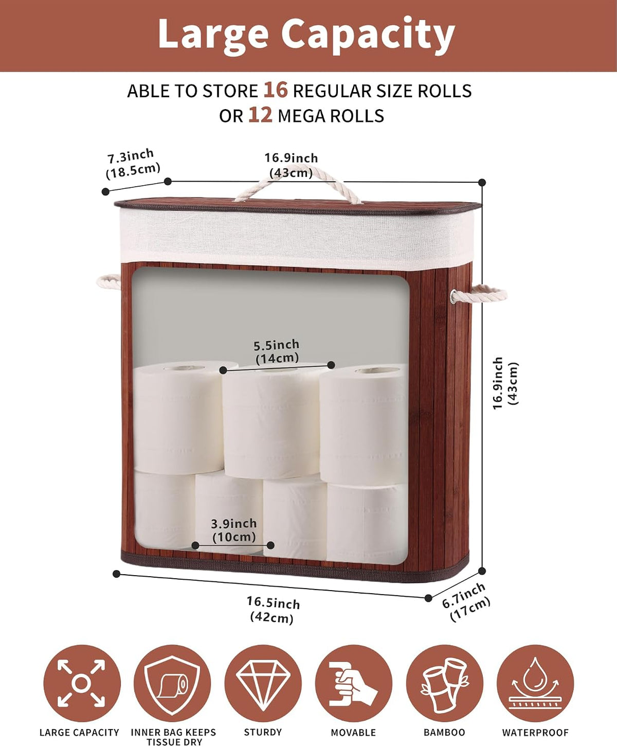 Bamboo Toilet Paper Storage with Lid & Handel, 8 Gallons (30L), Sturdy Toilet Paper Basket, Organizer for Bathroom