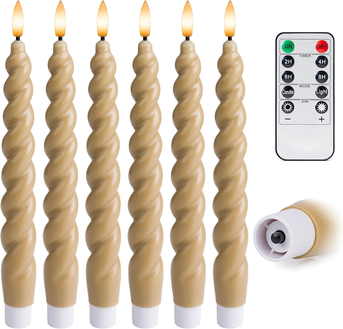 Full Twisted Spiral Flameless LED Taper Candles – Light Tan, Set of 6 – 2/4/6/8-Hr Timer (24-Hr Memory), Remote