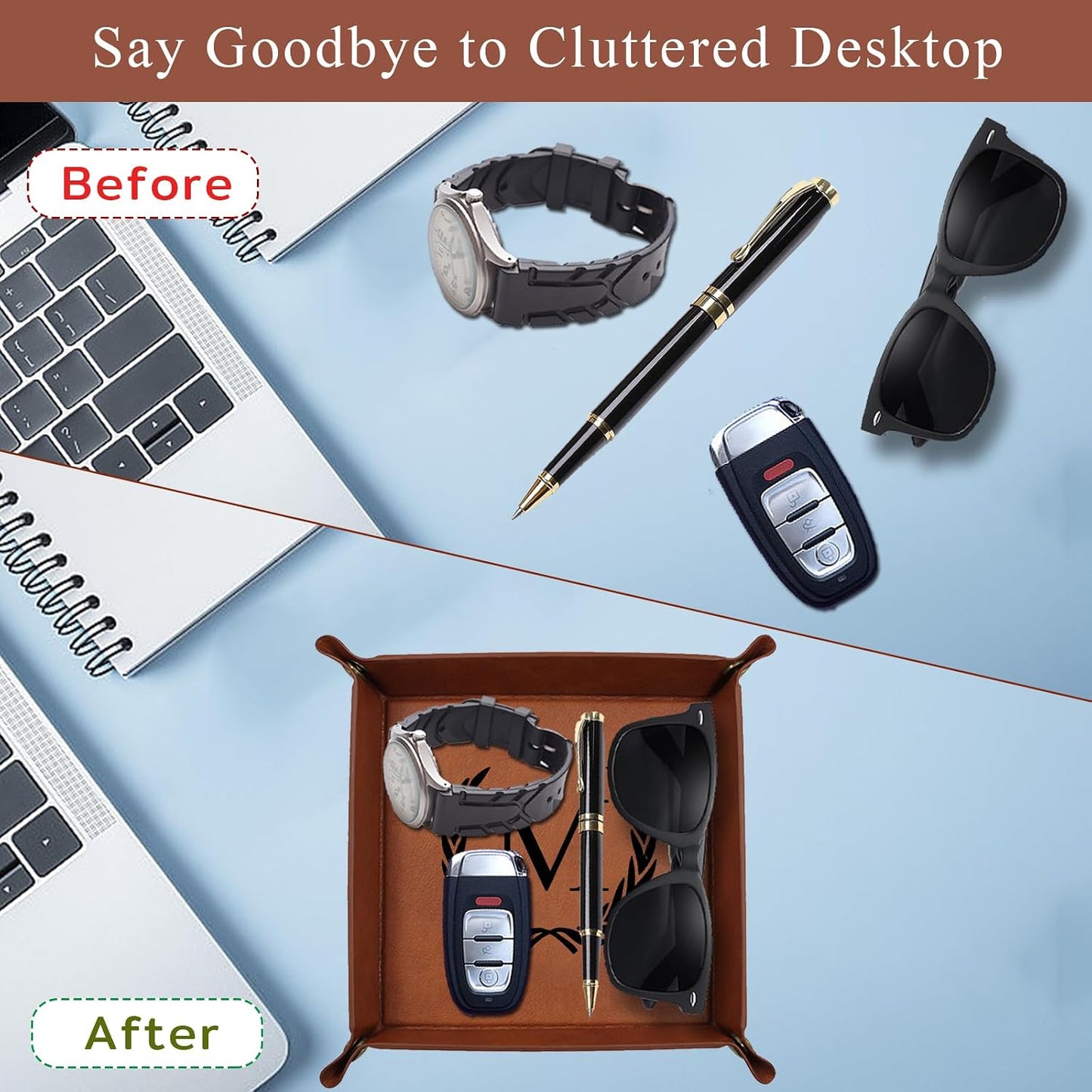 Personalized Leather Valet Tray Engraved Initials Key Tray Nightstand Organizer Valentines Day / M