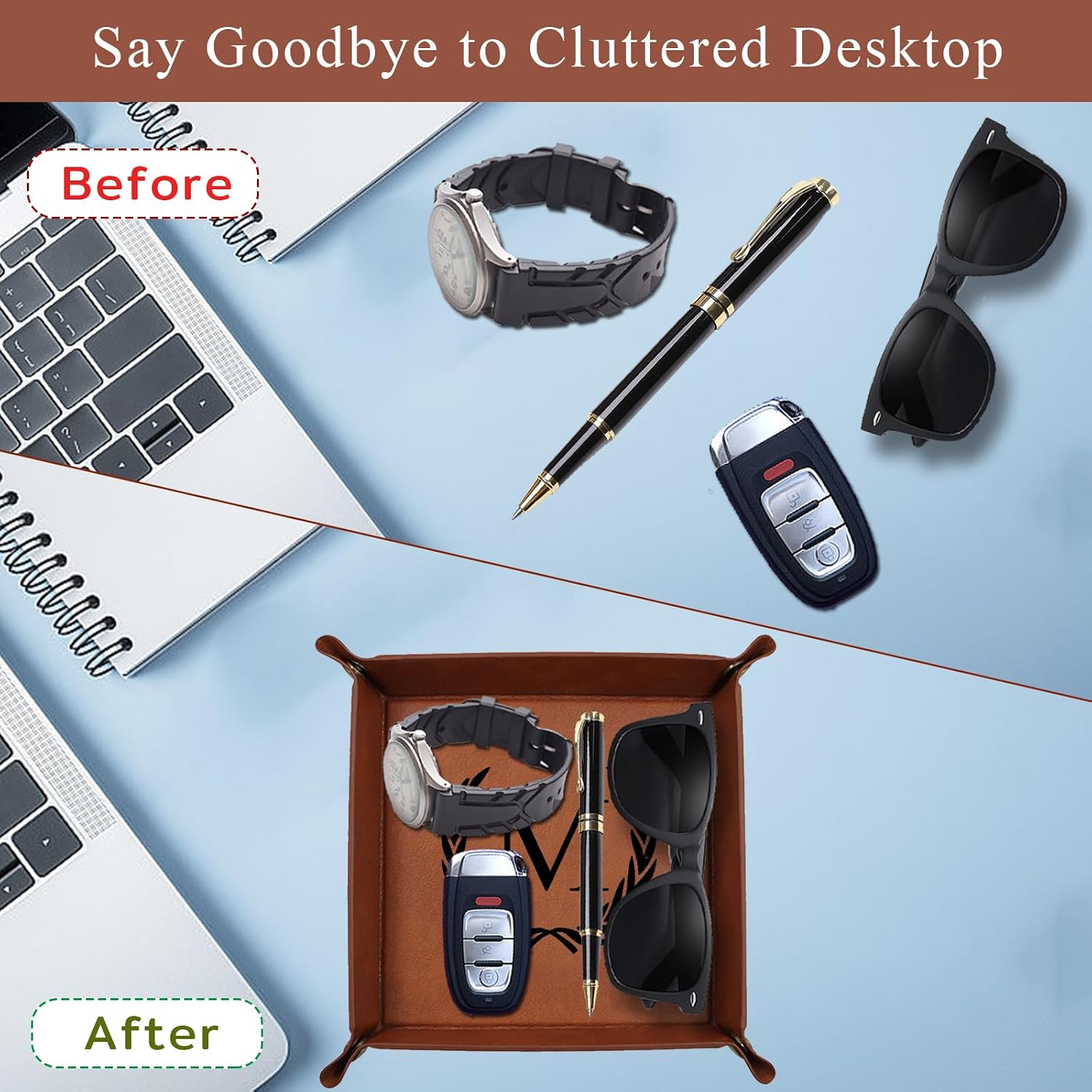 Personalized Leather Valet Tray Engraved Initials Key Tray Nightstand Organizer Valentines Day / A