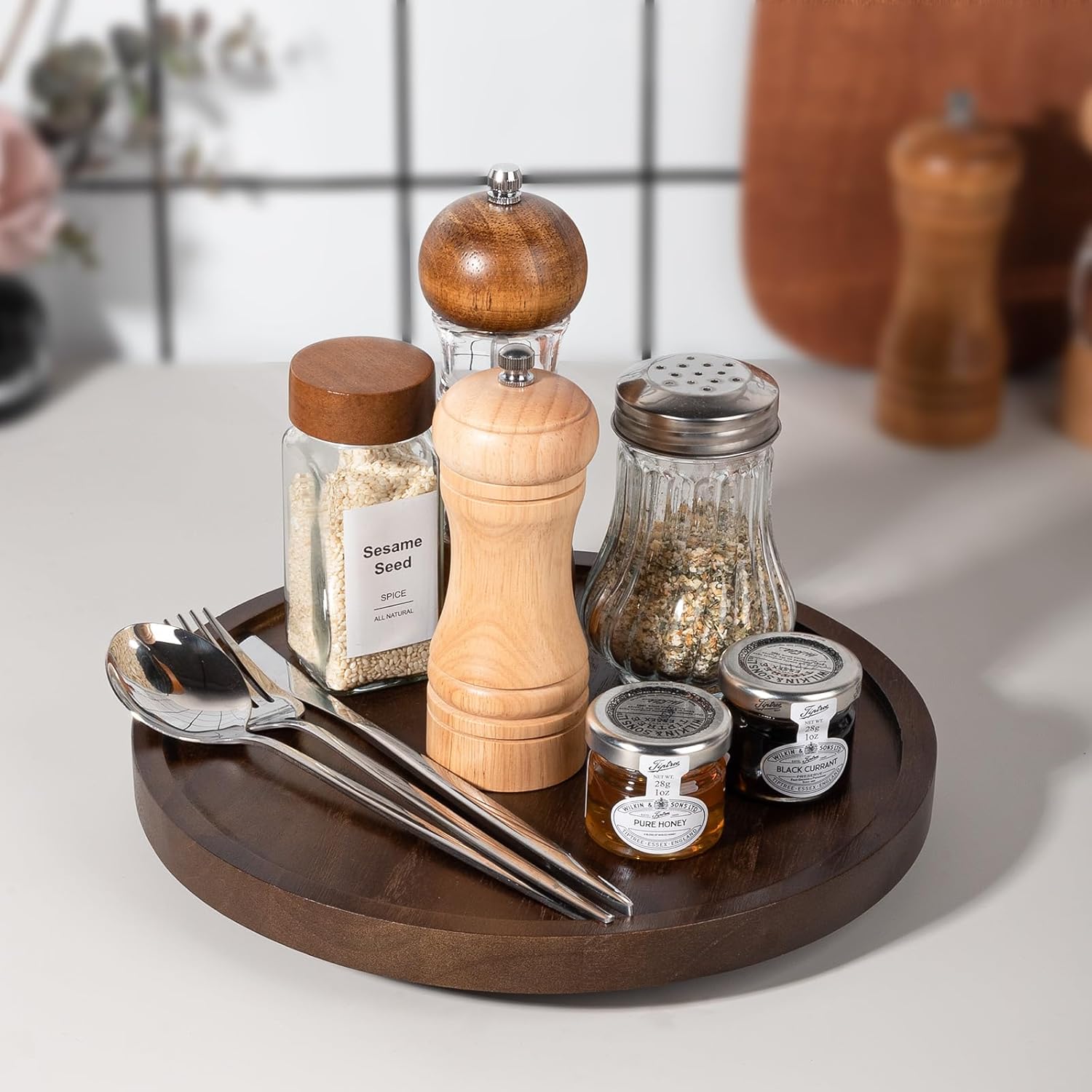 Wood Lazy Susan Organizer Kitchen Turntable for Cabinet Farmhouse Bathroom / Walnut / Set of 10