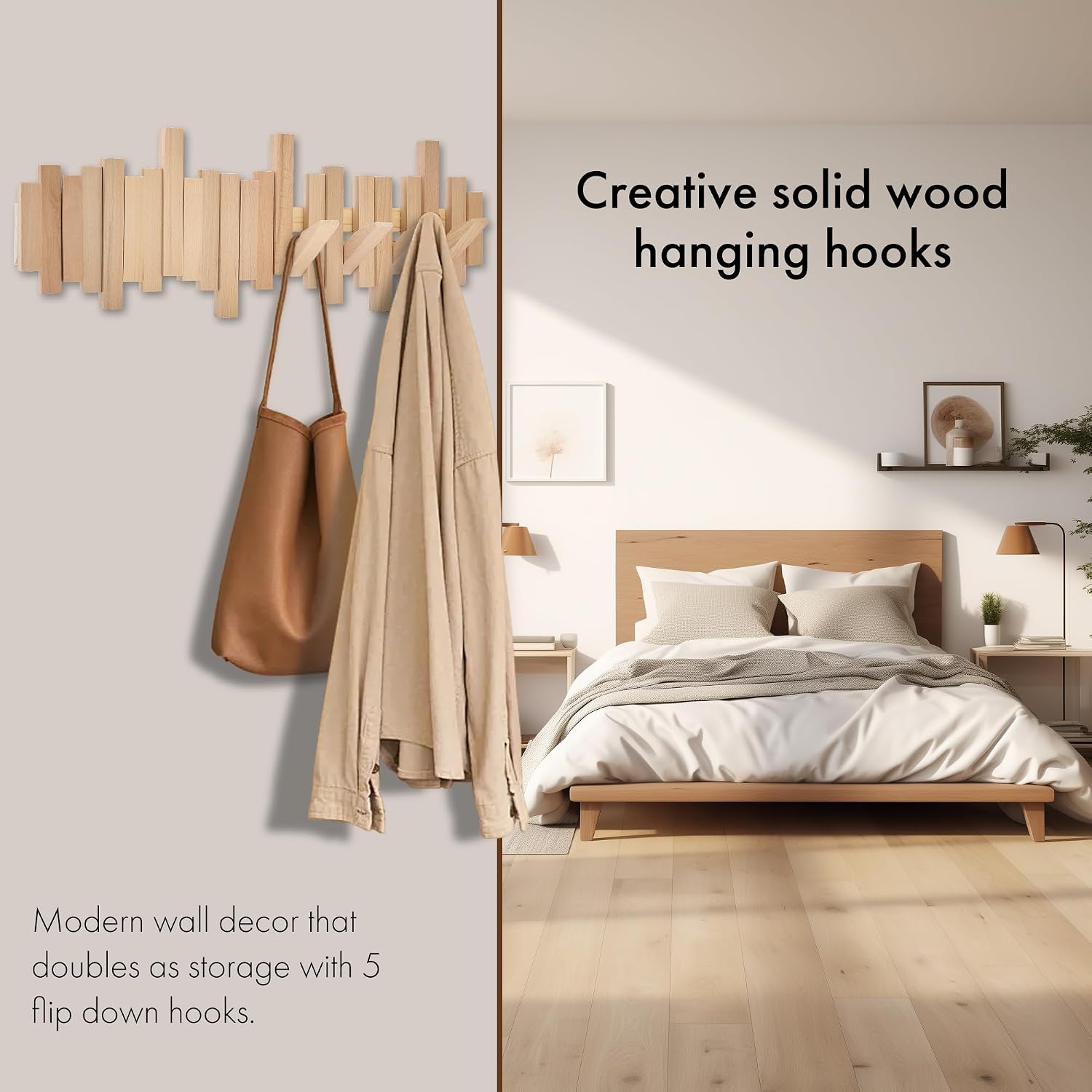 Natural Wood Wall Mounted Piano Coat Rack | Mounted Coat | Flip Up Wall Hook 8 Hooks | Entry Art Hooks in Walnut (Wood