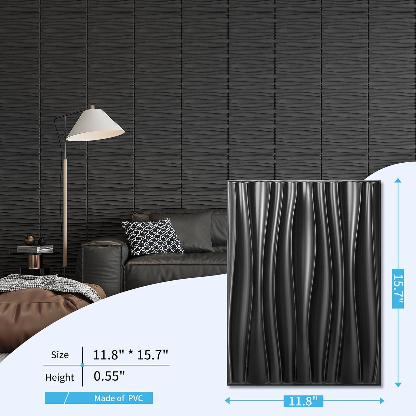 Art3d PVC Wavy Textured 3D Wall Panels, 15.7 x 11.8 Inch, 24-Pack, Black | PVC, Waterproof, Featherlight, Scratch