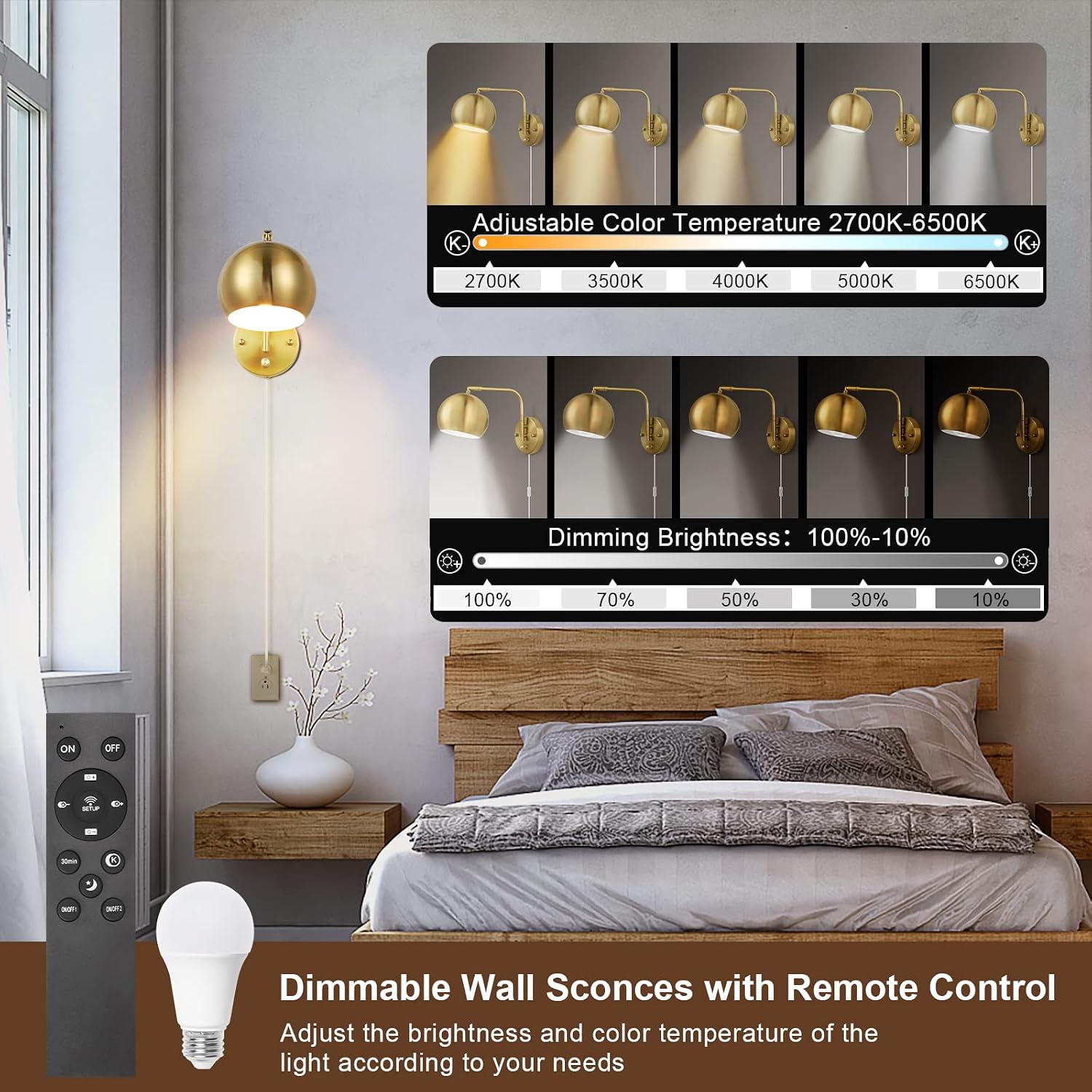 VATONI Wall Sconce with Remote Control, Plug in Wall Sconces Dimming 0-100% and Adjustable Color Temperature