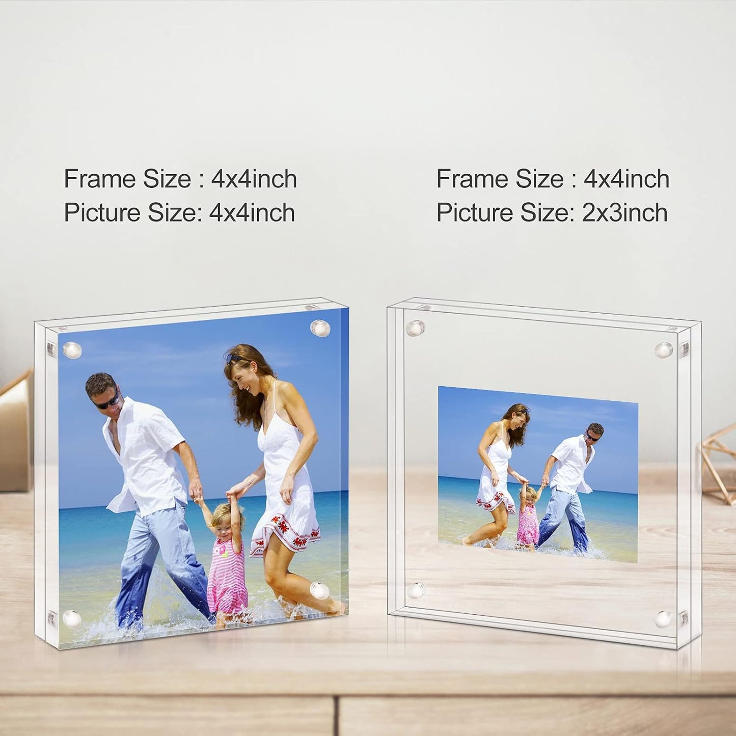 AMEITECH 4x4 Acrylic Picture Frame, Clear Double Sided Block Acrylic Photo Frames, Desktop Frameless Magnetic Photo