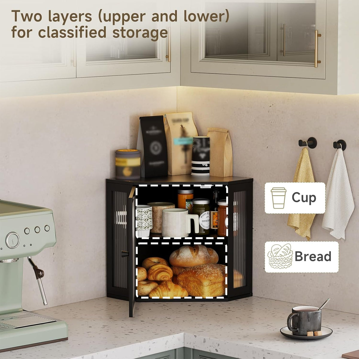 Corner Bread Box for Kitchen Countertop,Bread Storage Bin (Black, Medium) | Double Layer Large Capacity Bamboo Bread