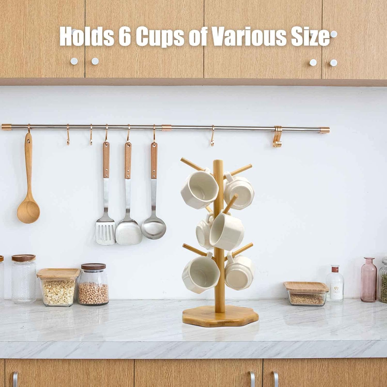 Bamboo Countertop Mug Tree Stand with 6 Hooks, Octagon Base Coffee Cup Tree