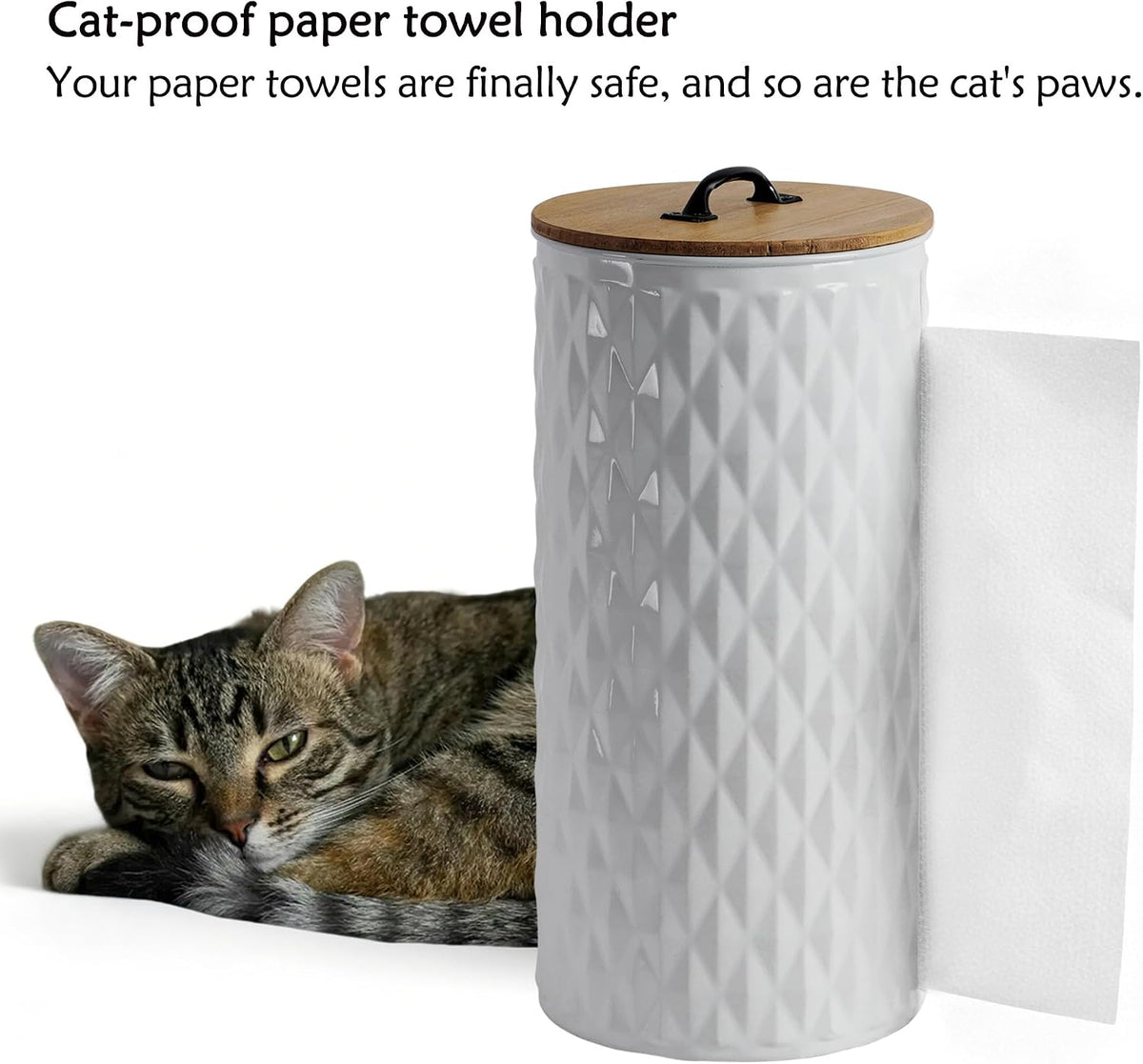 Metal Paper Towel Holder, Weighted Base with Suction Cups | Embossed with Wooden Lid, Easy Tear Roll Dispenser for