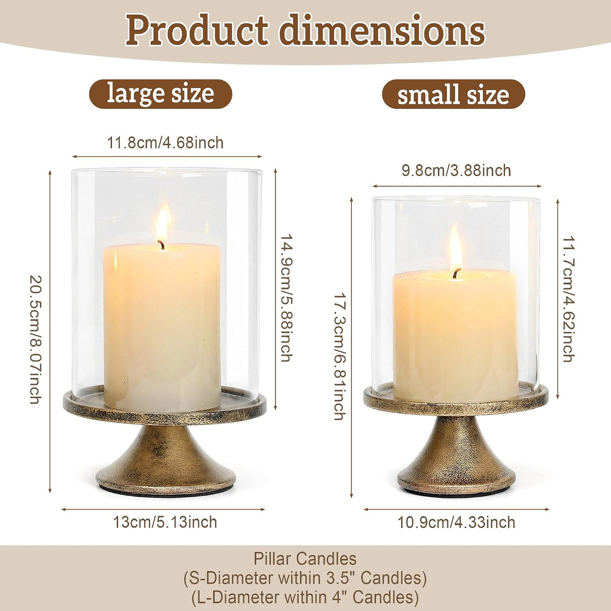 Set of 2 Hurricane Candle Holder Set with Glass Dome & Iron Base – Elegant Decorative Pillar Candle Holders for Living